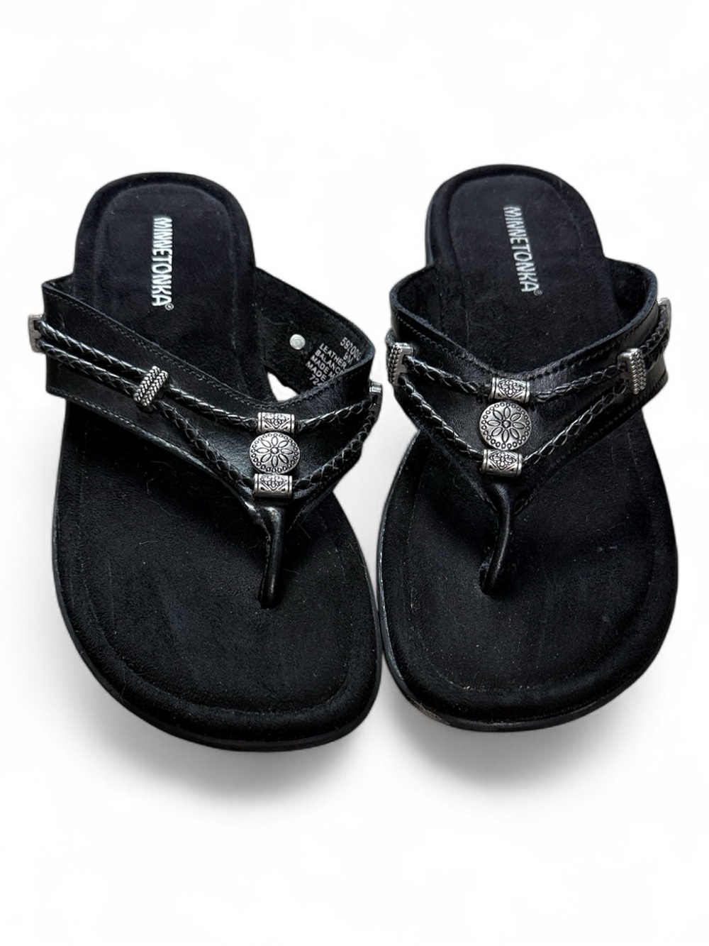 Minnetonka Black Braided Thong Sandals with Silver Conchos